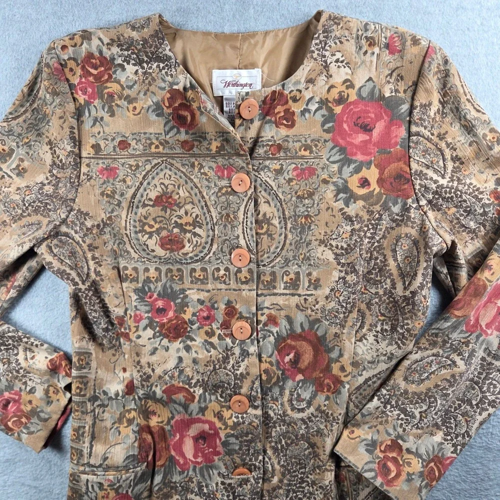 Worthington Blazer Women Large Tan Floral Paisley Vintage Tapestry Button Front